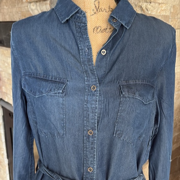 Lily Sky dark denim chambray dress button down tie waist long sleeve - Picture 2 of 16